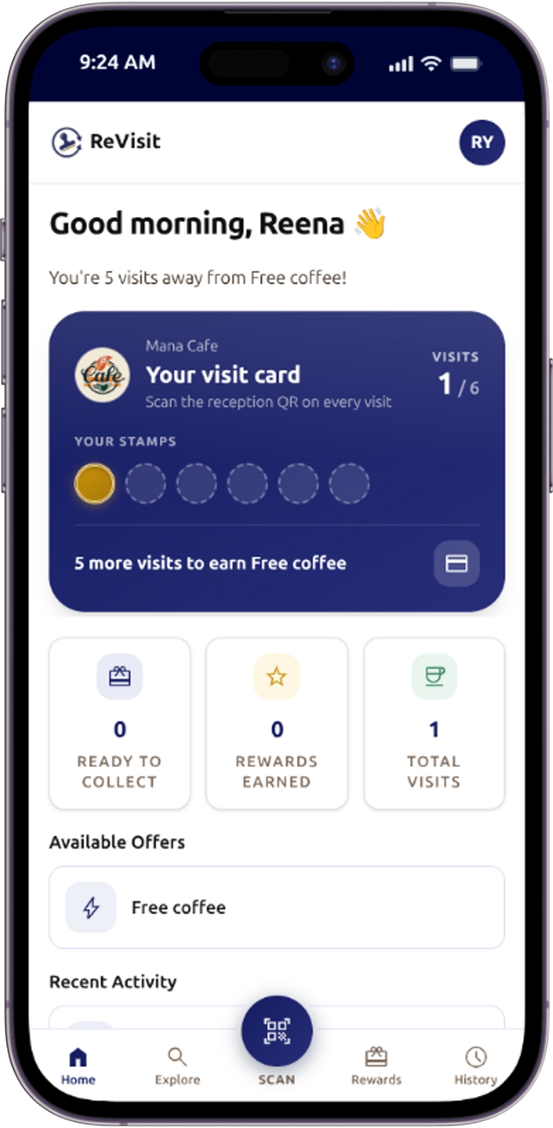 Revisit customer home showing a digital visit card and stamp progress