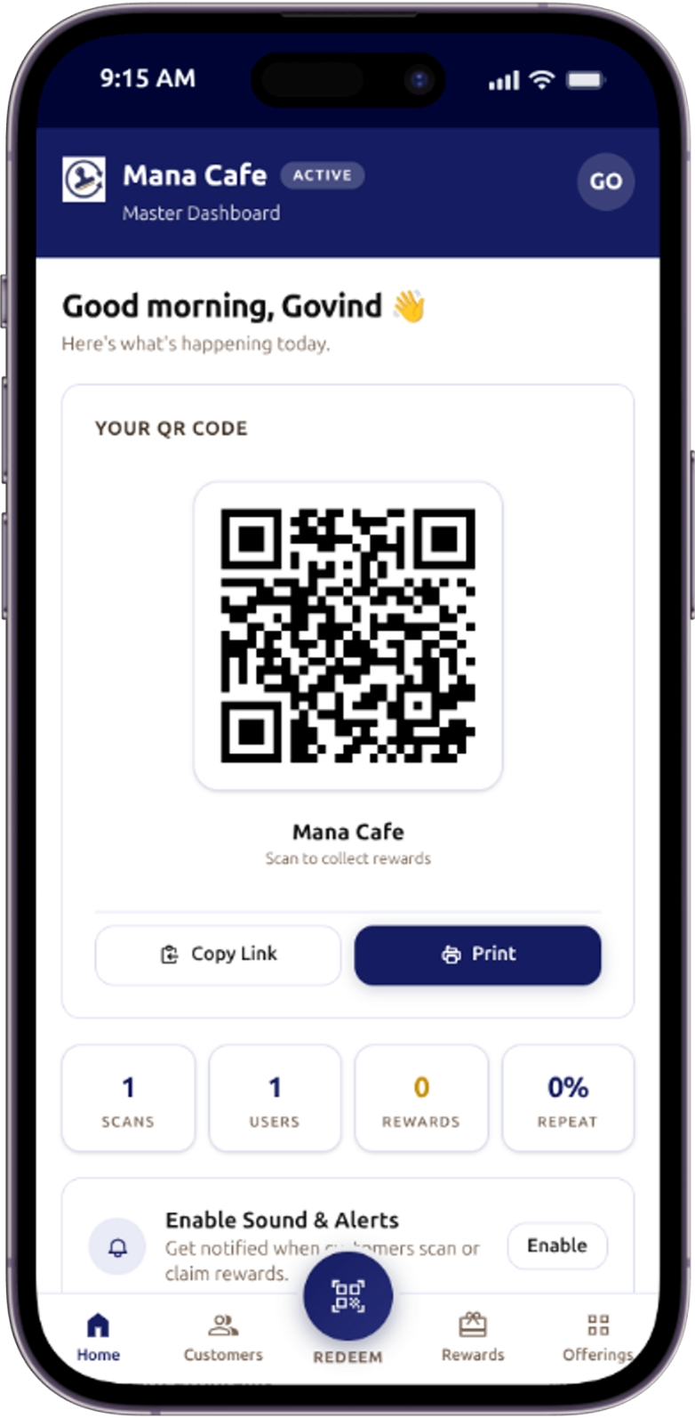 Revisit business owner dashboard showing reception QR and performance statistics