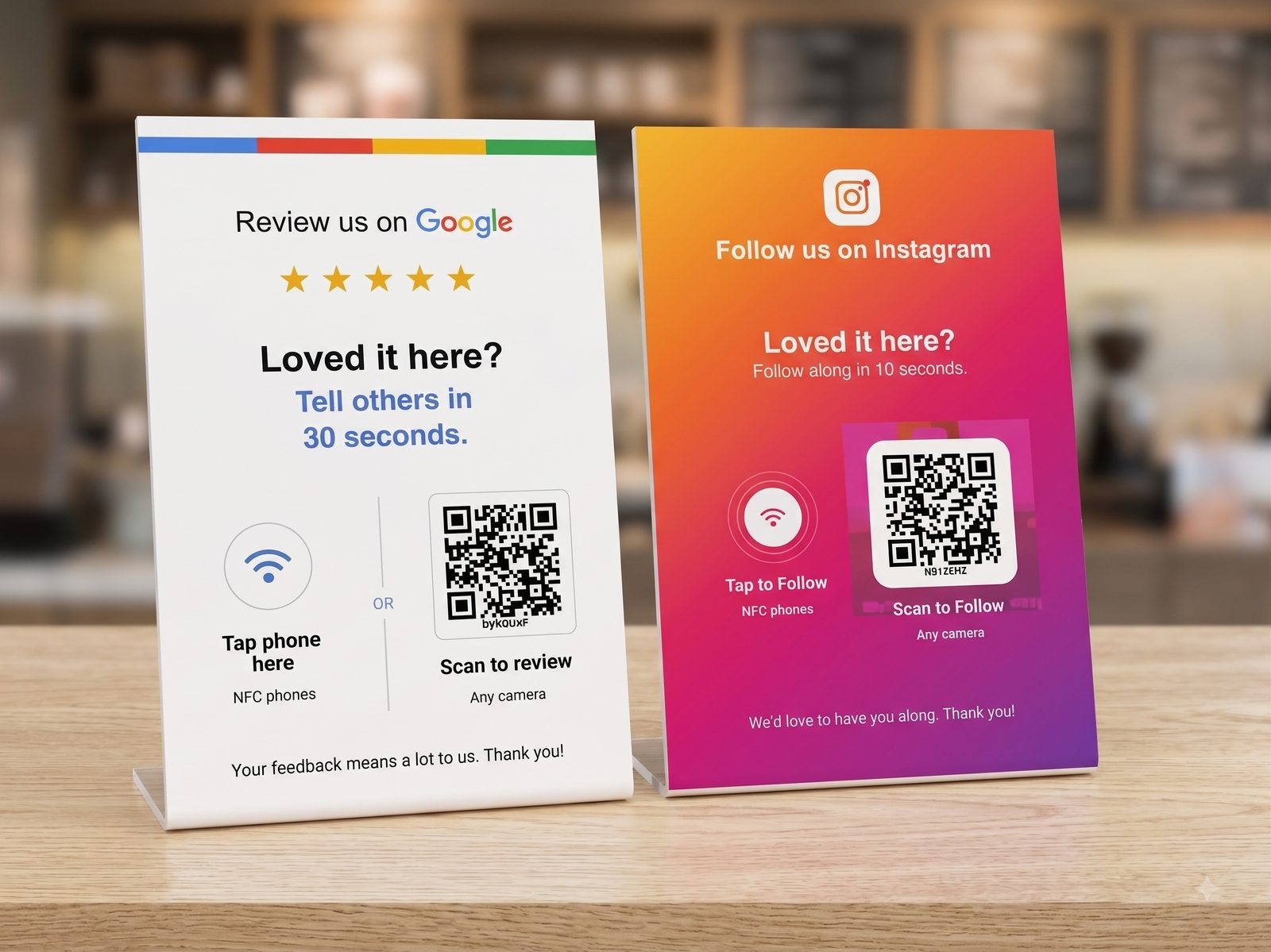 Google Review Stand and Instagram Follow Stand side by side on a counter
